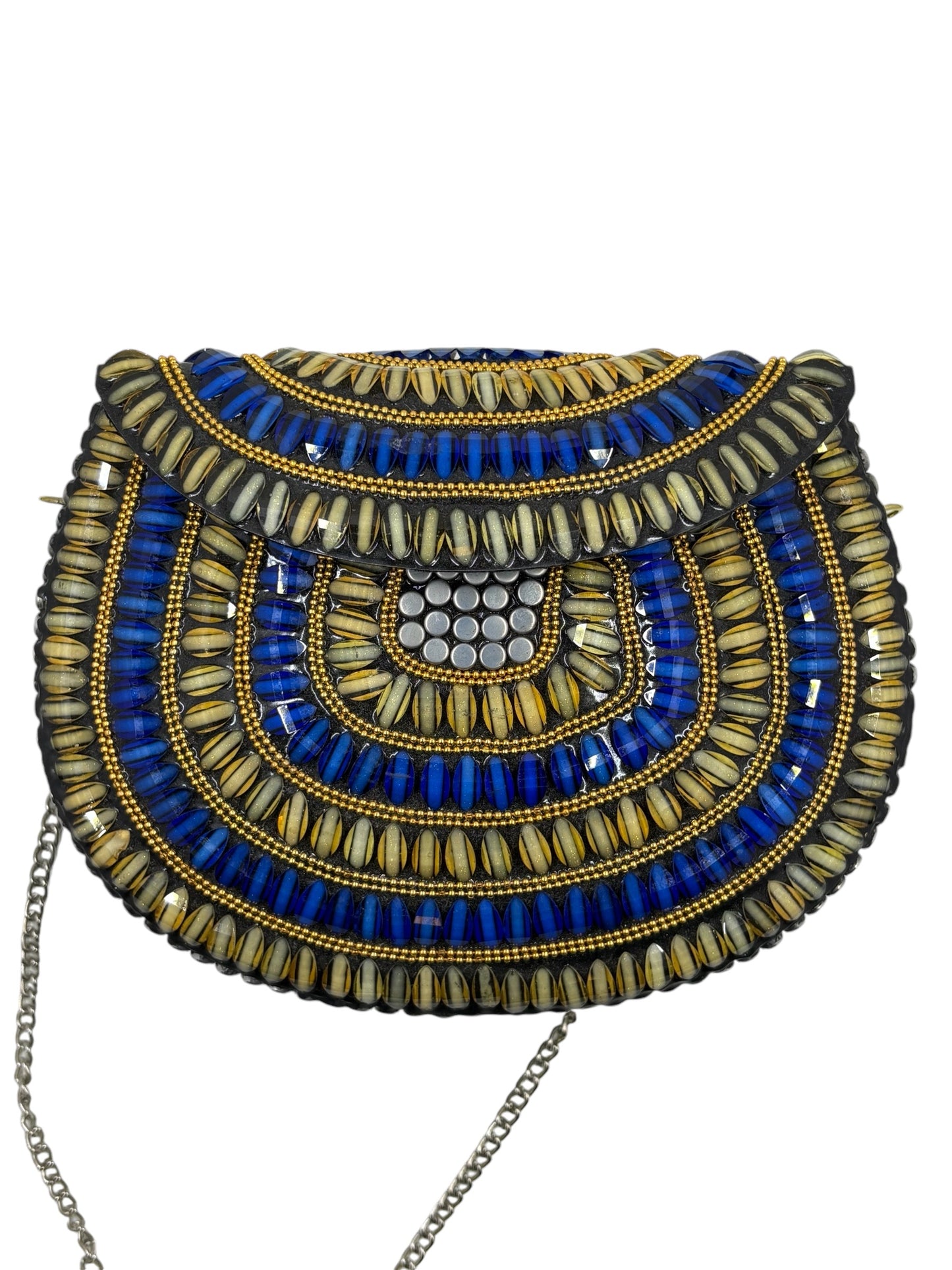 Vintage brass clutch with blue and yellow stones
