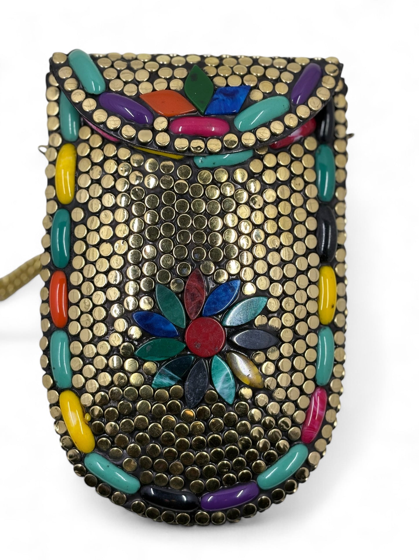 Traditional brass clutch with coloured flower theme