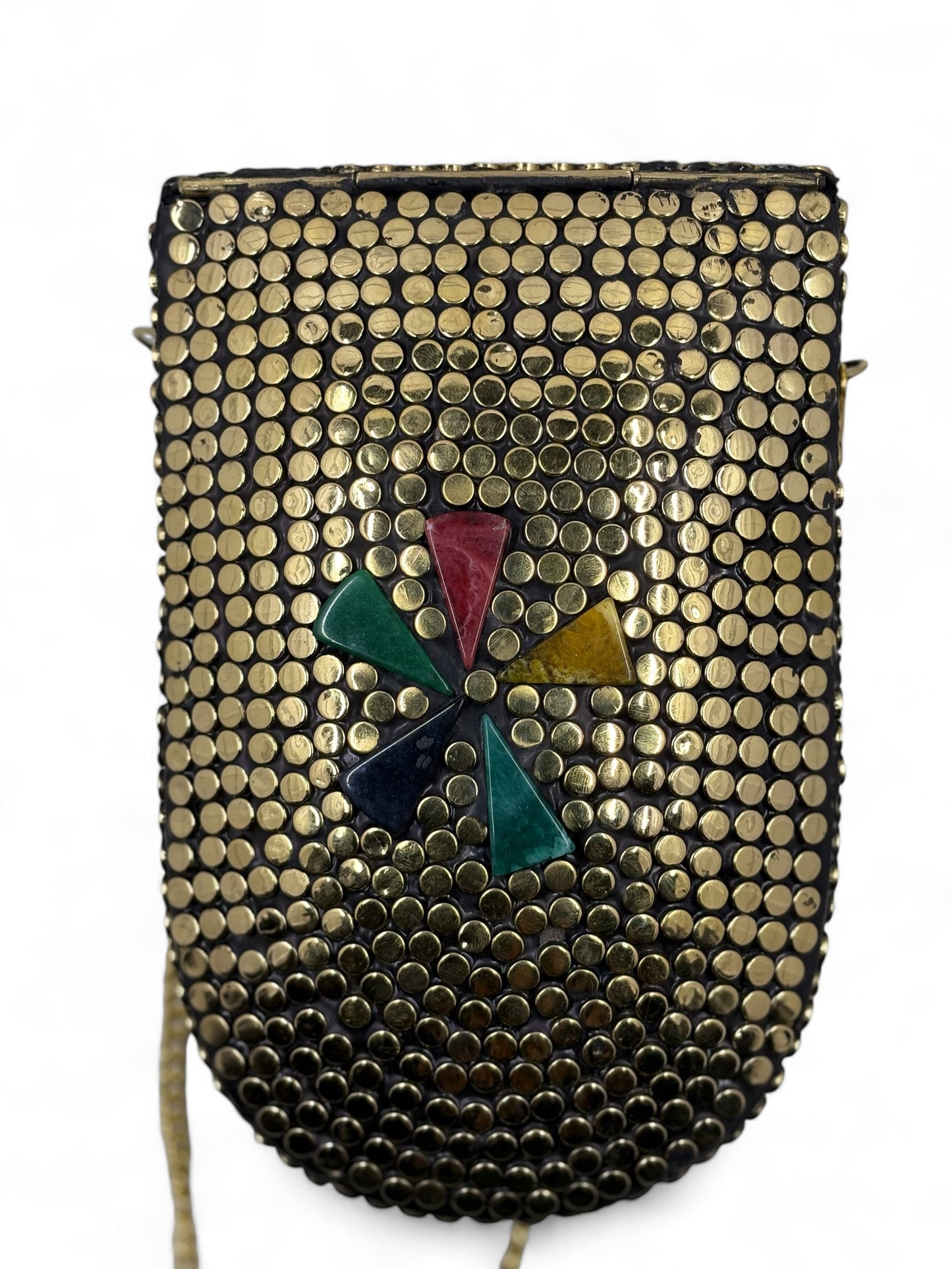 Traditional brass clutch with coloured flower theme