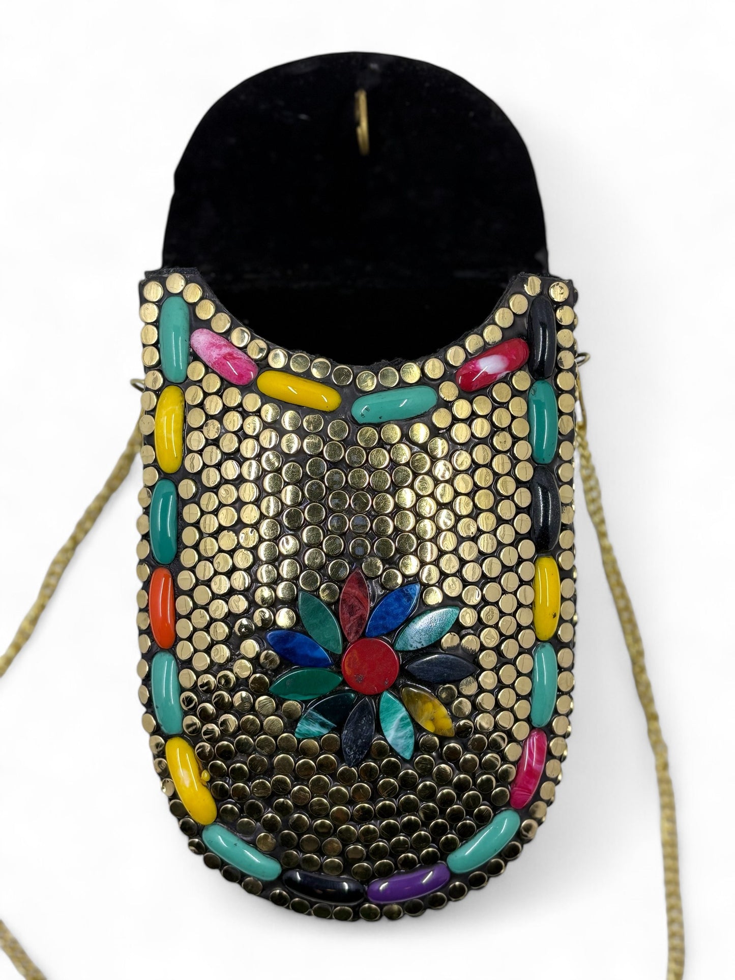 Traditional brass clutch with coloured flower theme