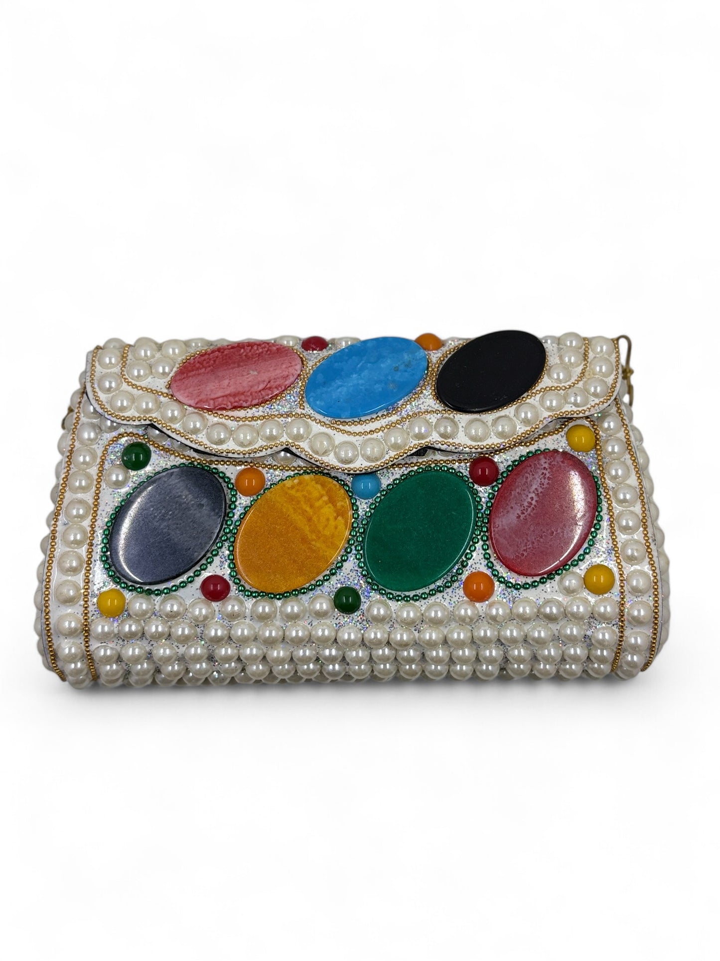 Vintage White pearl theme brass clutch with multicoloured stone