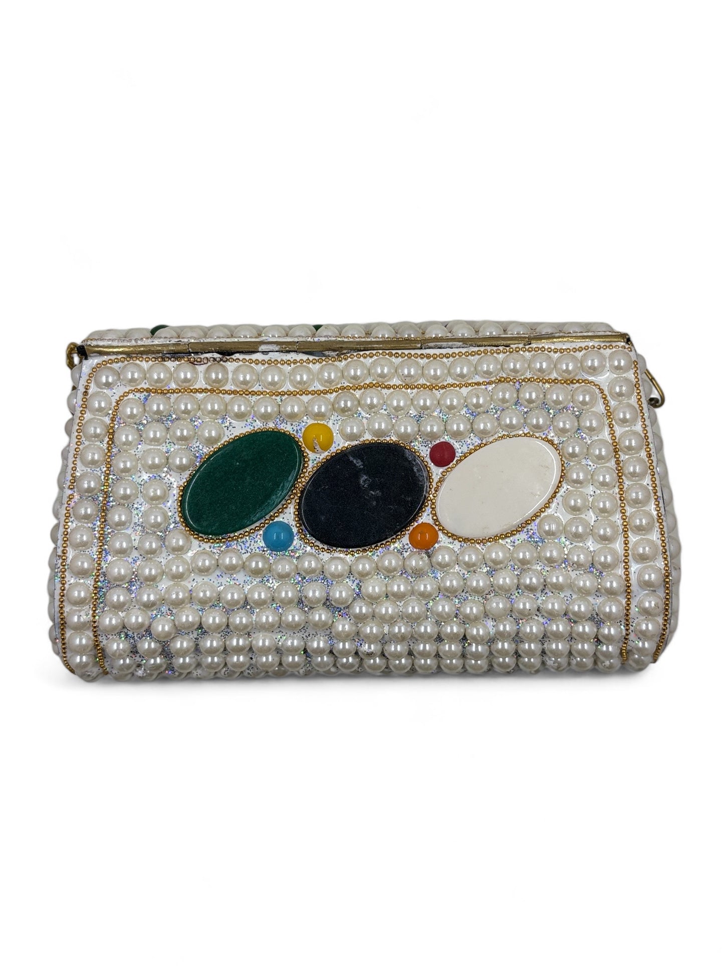 Vintage White pearl theme brass clutch with multicoloured stone