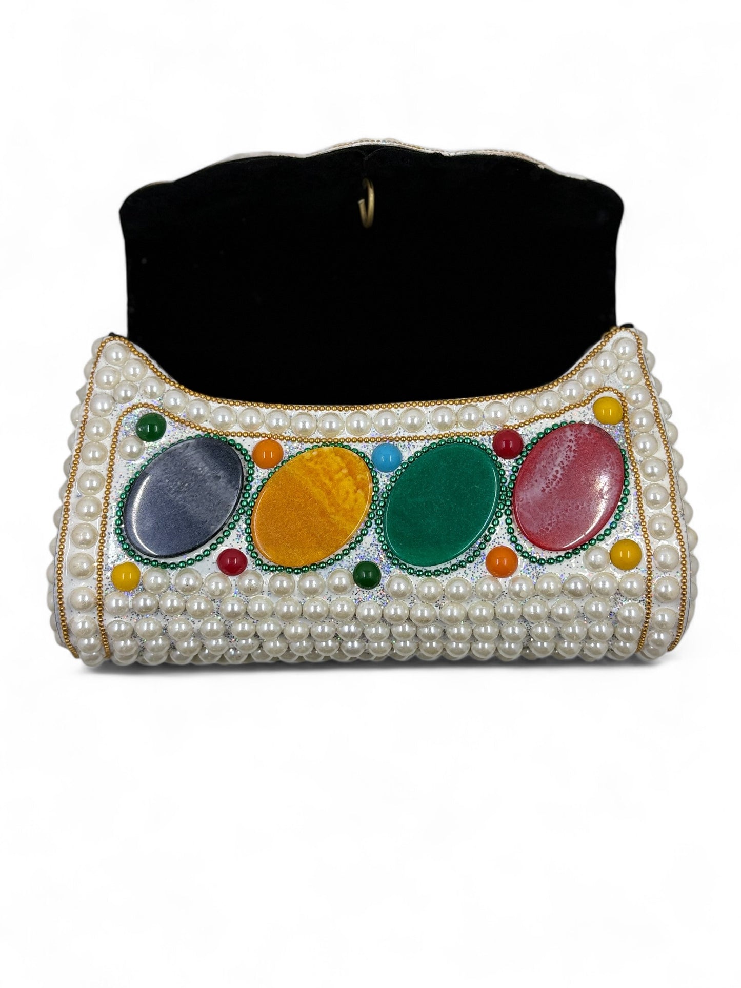 Vintage White pearl theme brass clutch with multicoloured stone